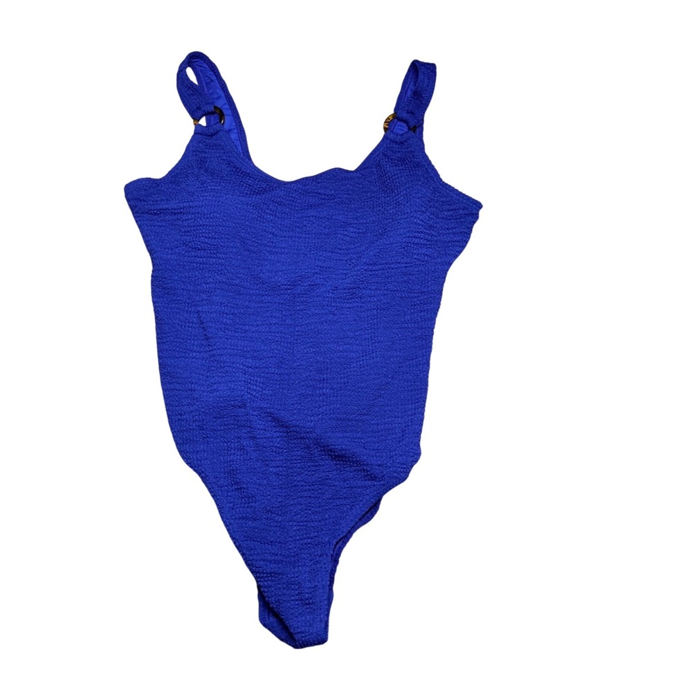 Royal Blue Crinkle Textured One Piece Swimsuit Tortoise Rings 2XL